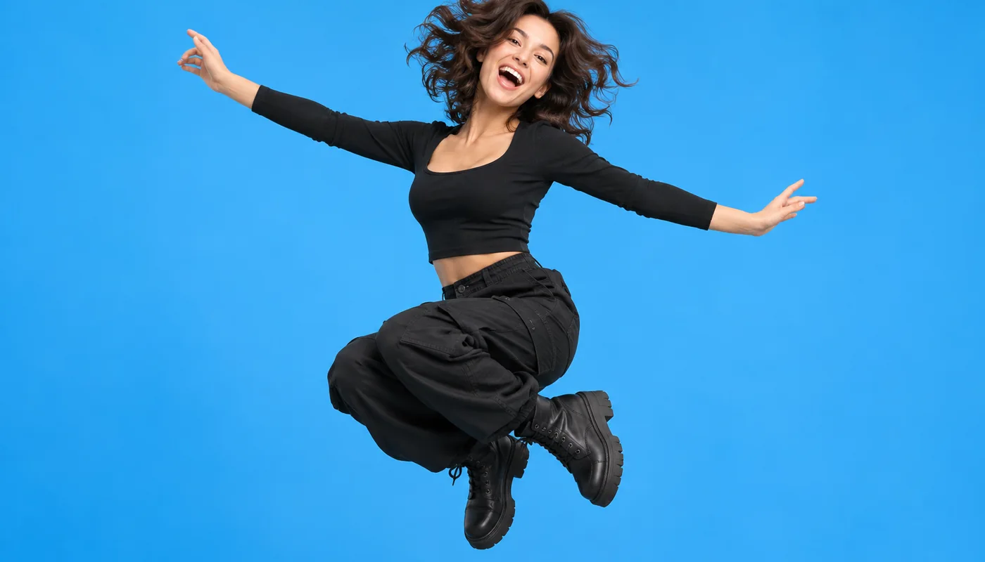 A fictional woman jumping with an elastic spring-like pose